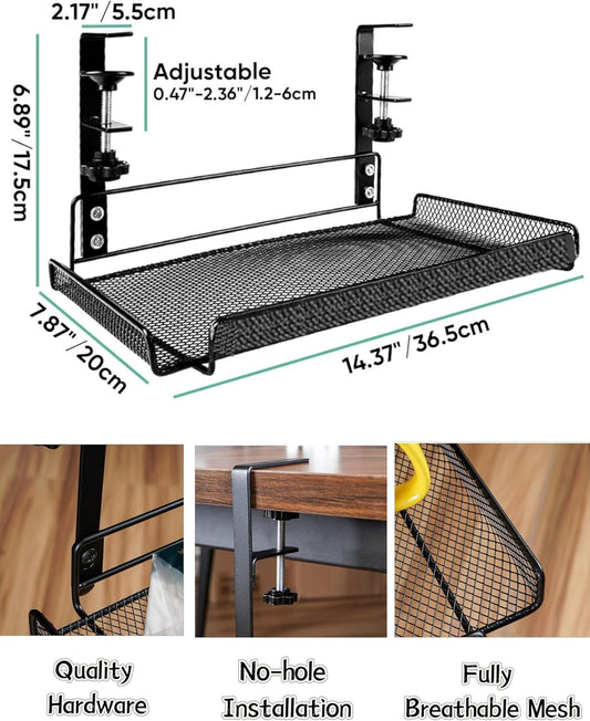 Under Desk Cable Management Tray No Drill, Under-Desk Cable Organiser for Cord Management, Ultra-Rugged Desktop Cable Rack with Clips, Standing Desktop Cable Manager (14.3 in. Tray) (Black)