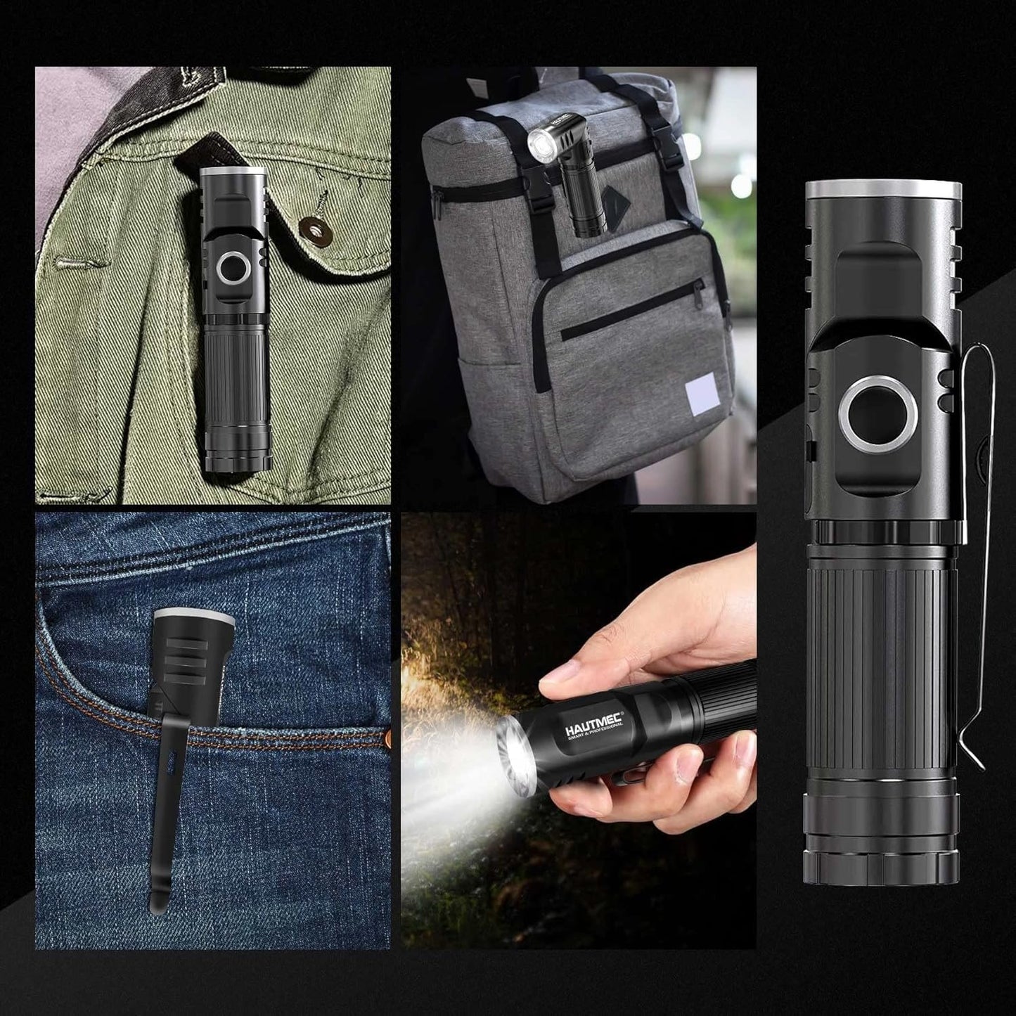 HAUTMEC Swyvel 500 Lumens Rechargeable LED Flashlight,Bright Mini Tactical Pocket Torch with Magnetic Base, Waterproof Led Flashlight 3 Modes for Camping, Outdoor, Hiking HT0092