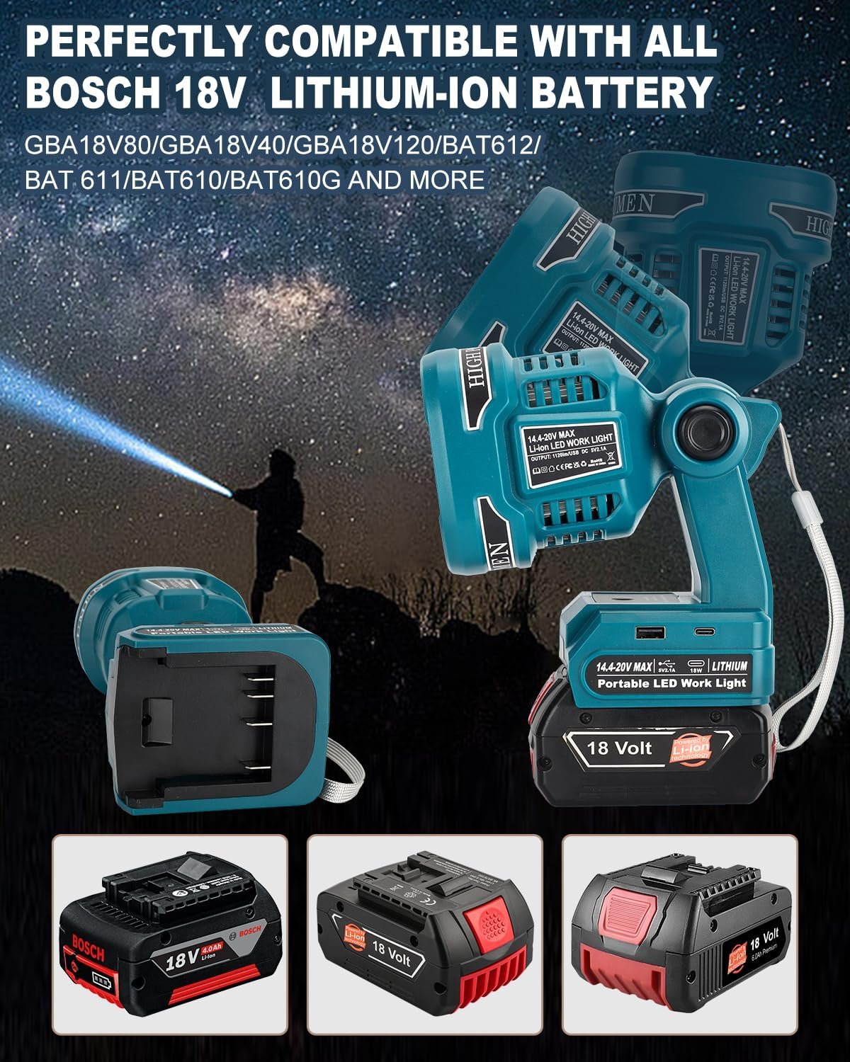 Adisipsoarin Cordless LED Flashlight for Bosch 18v Battery, 22W LED Work Light with USB-A&USB-C 2.1A Fast Charging Ports for Jobsite, Car Repairing, Camping, Emergency
