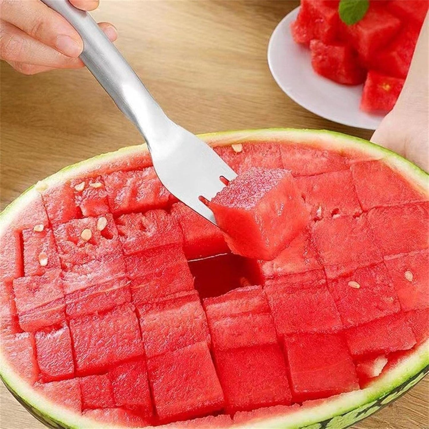 Watermelon Slicer,Watermelon Fork Slicer 2 in 1 Stainless Steel Fruit Cutter Fork Melon Cube Cutting Tool Kitchen Gadget for Fruit Cake Bread Shangjia