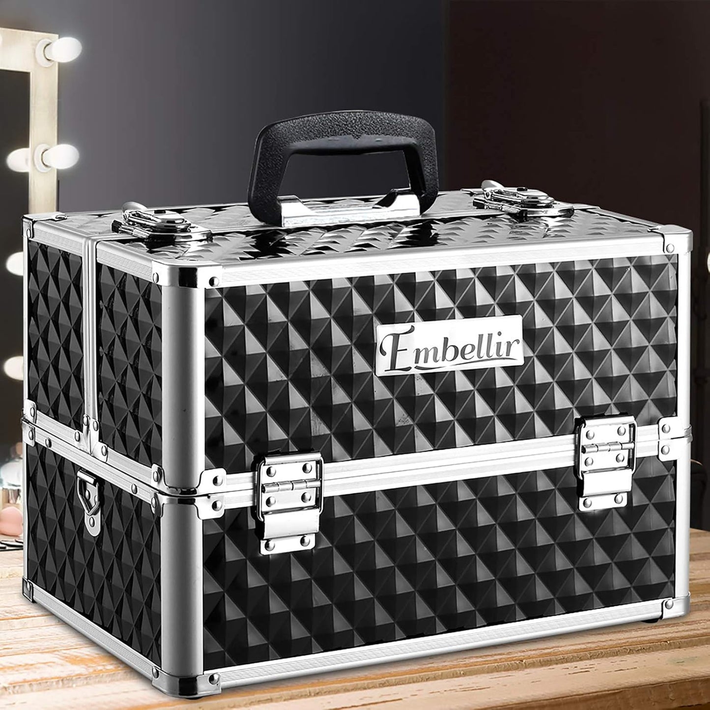 Embellir Makeup Case, Aluminium Lockable Beauty Cases Suitcase Make Up Large Organisers Storage Portable Toiletry Cosmetic Box Travel Indoor Outdoor Accessories, with 8 Dividers 4 Sliding Trays Black