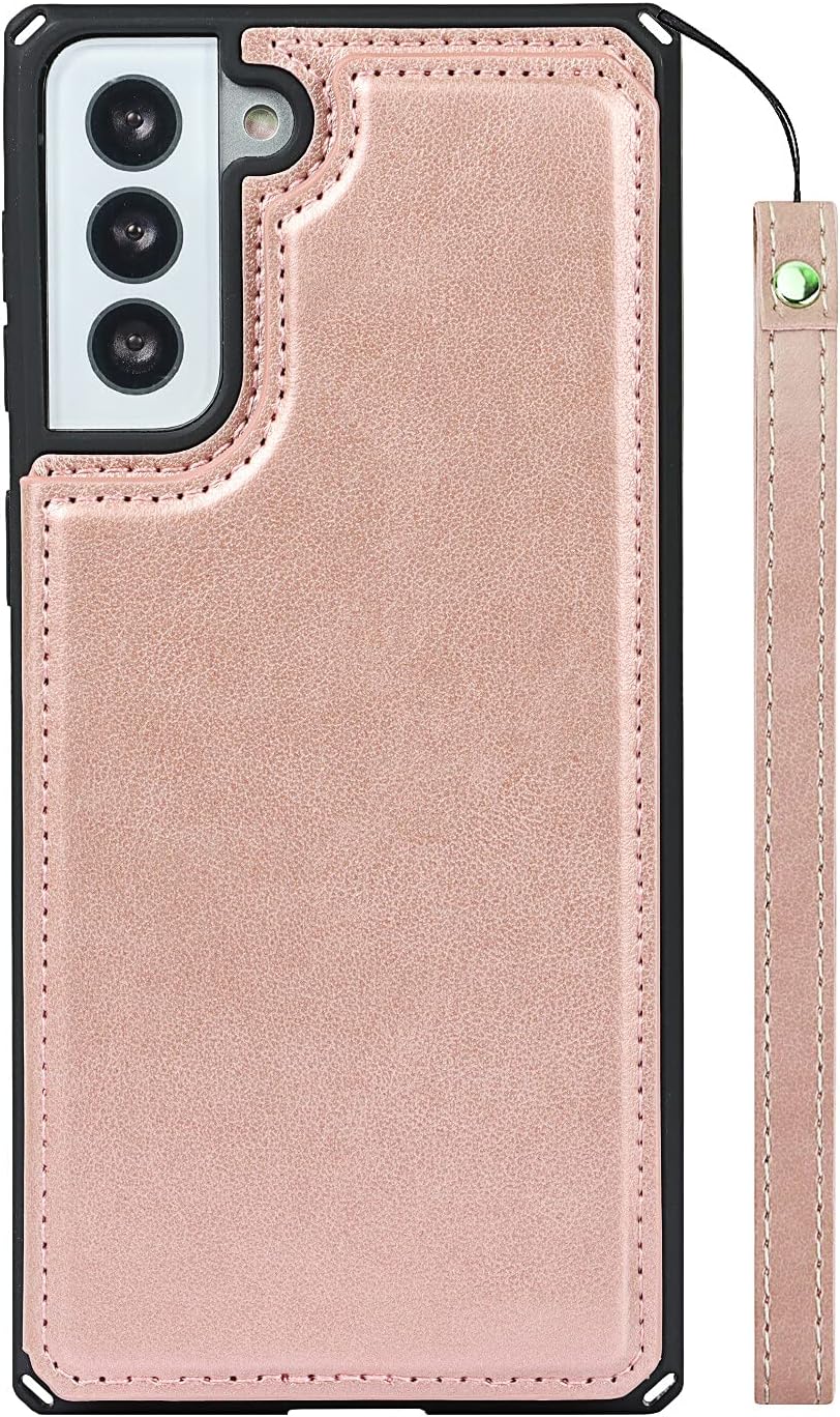 Cavor PU Leather Wallet for Samsung Galaxy S21/ S21 5G Case Flip Magnetic Clasp Back Cover Shockproof Soft TPU Phone Cases with Lanyard & Card Slots Holder & Kickstand Protective Case-Rose