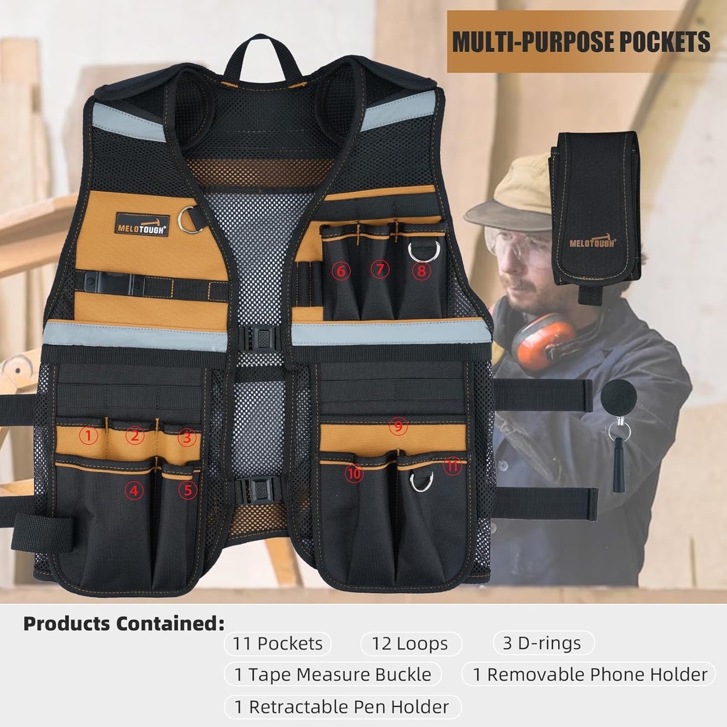 MELOTOUGH Tool Vest Reflective Safety Tool Vest with Removable Phone Holder for Electrician,Carpenter,Construction