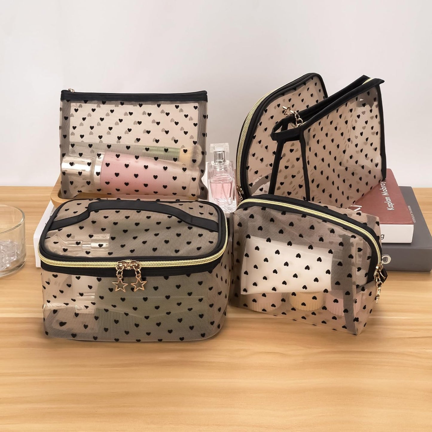 Adorila Mesh Makeup Bags, Heart Print Zipper Mesh Storage Pouch, Travel Cosmetic Accessories Organizer for Women, beige-set of 5