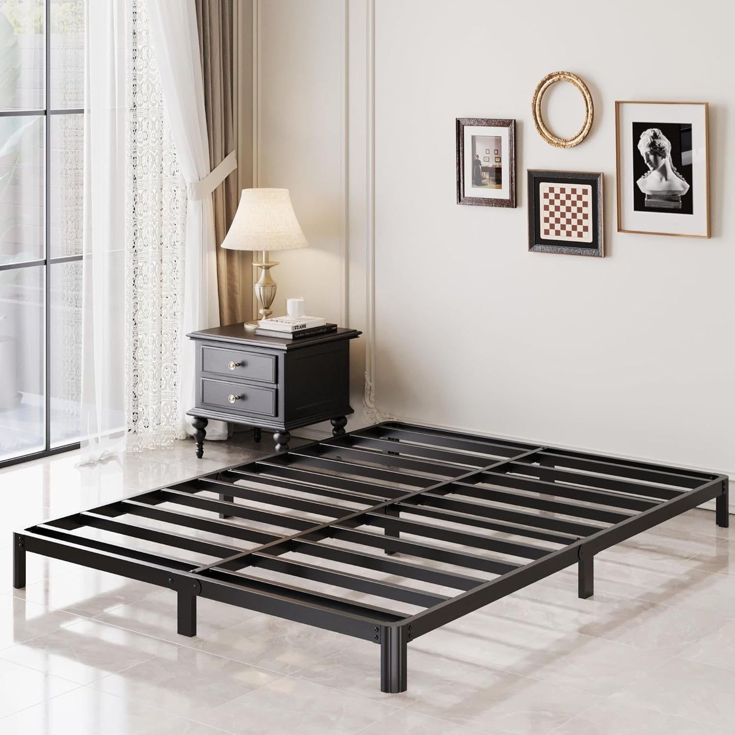 Lutown-Teen 5 Inch Low Full Size Bed Frame with Rounded Corner Legs, 200 LBS Heavy Duty Metal Full Platform Bed Frame No Box Spring Needed, Noise Free, Easy Assembly, Black