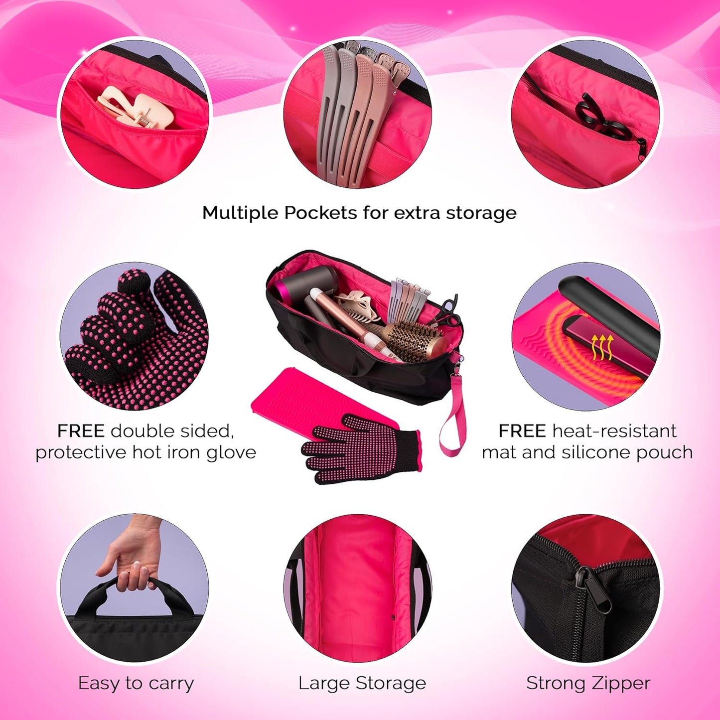 Hair Tool Travel Bag with Heat Resistant Mat for Flat Iron, Straighteners, Curling Iron, Makeup, Toiletries & Haircare Accessories, Portable Hot Tools Organizer with Silicone Mat & Glove