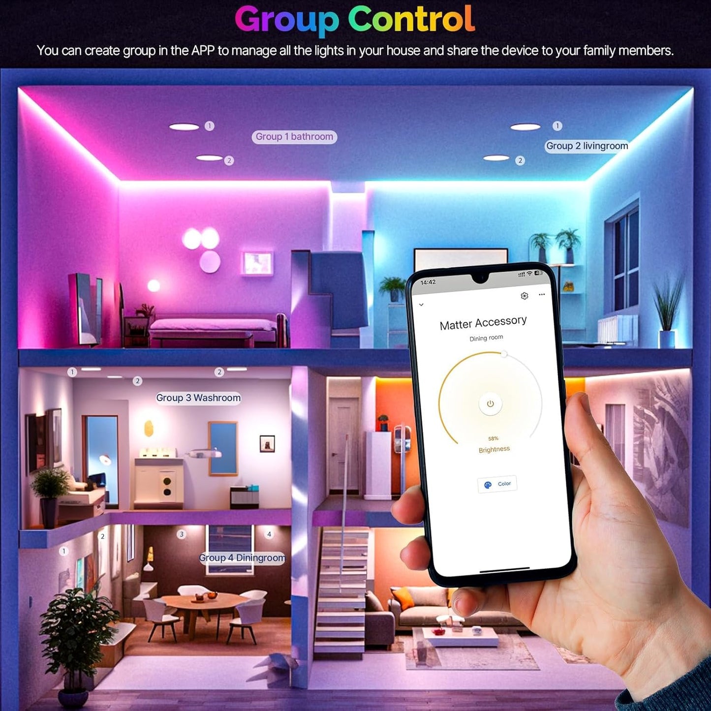 MOES Matter Smart Recessed Lighting 6 Inch, Color Changing WiFi Smart Downlight with Junction Box, 2700K-6500K CW& RGB Dimmable, Work with Apple Homekit/Alexa/Google Home, 1200lm 14W 4 Pack