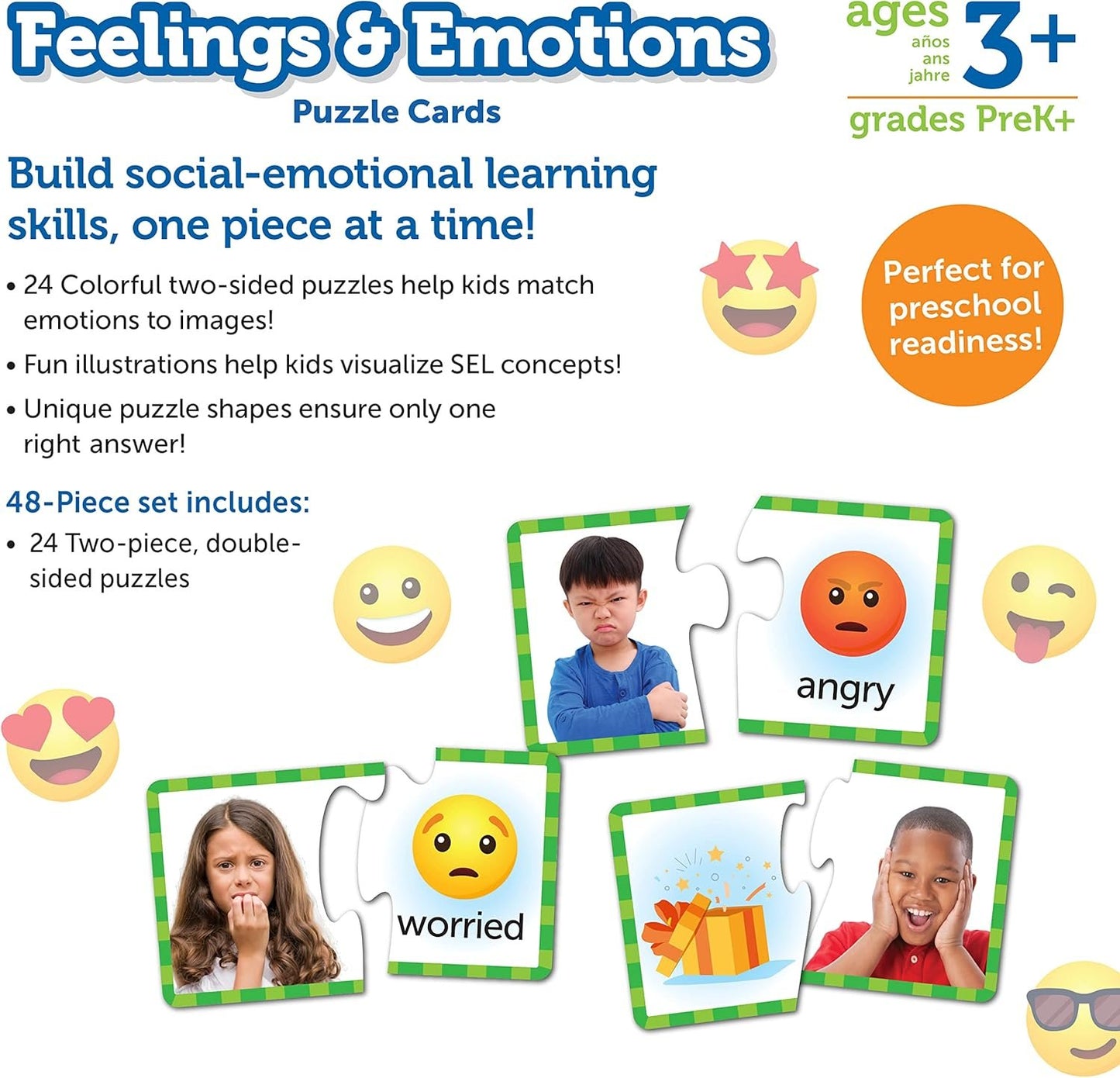 Learning Resources Feelings & Emotions Puzzle Cards, Social Skills, Autism Learning Materials, Speech Therapy Materials, Social Emotional Learning Toys and Games for Kids, 48 Pieces, Ages 3+