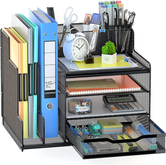 KELIOO Desk Organizer with File Holder, 4-Tier Office Supplies Organisers and Accessories with Sliding Drawers & Pen Holder, Desk File Organizer and Storage for Office, School, Home