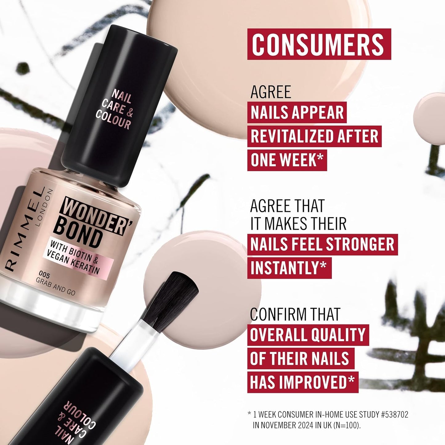 Rimmel Wonder'bond Care+Color Nail Polish, 007 Cappuccino, Regenerates Nails, with Biotin and Vegan Keratin, Modulable, 12 ml