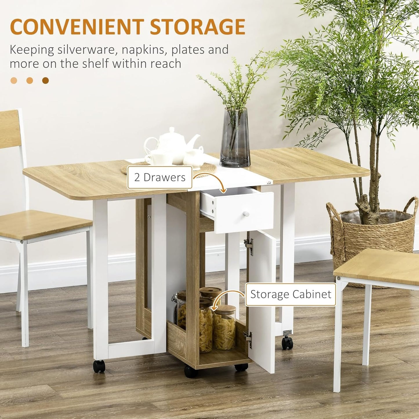 HOMCOM Foldable Dining Table, Collapsible Drop Leaf Table with 2 Drawers, Cabinet and Caster Wheels, Folding Kitchen Table for Small Spaces, Dining Room, Oak