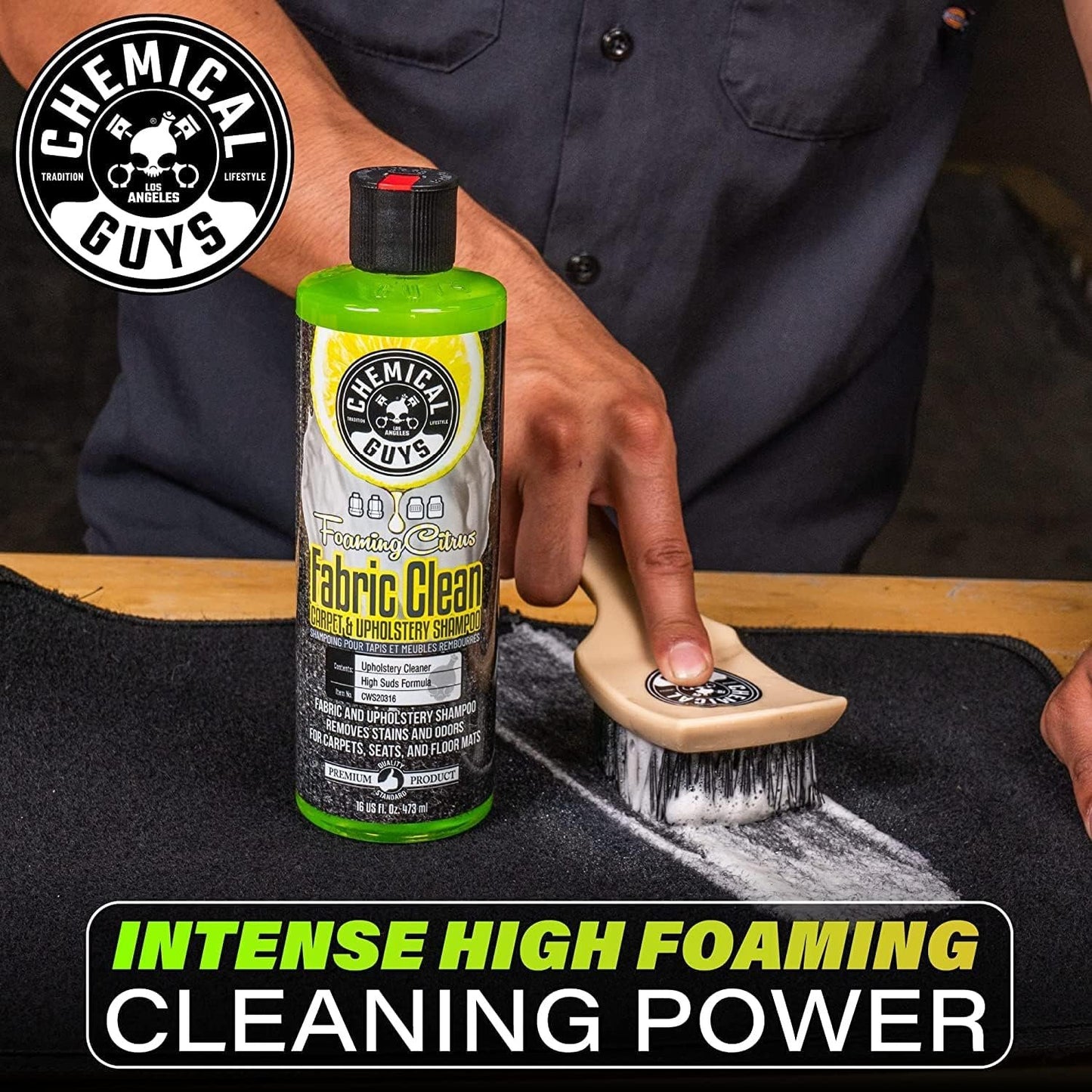 Chemical Guys Foaming Citrus Fabric Clean & Drill Brush Kit - High-Foaming Stain & Odor Remover for Car Carpets, Upholstery & Floor Mats - Deep Cleans & Deodorizes, Citrus Scent - 16 fl oz