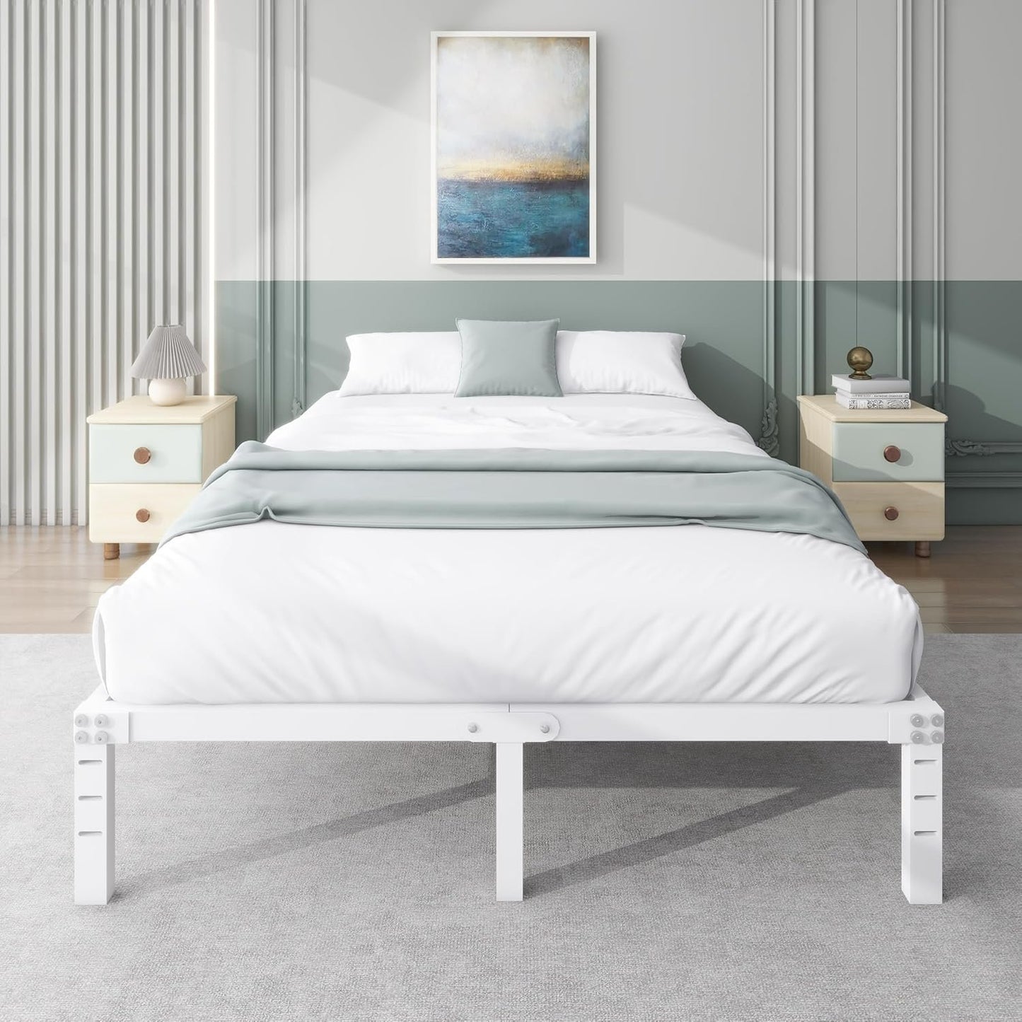 14 Inch Metal Platform Bed Frame No Box Spring Needed Heavy Duty Steel Slat Bed Frame Underbed Storage,White (Full)