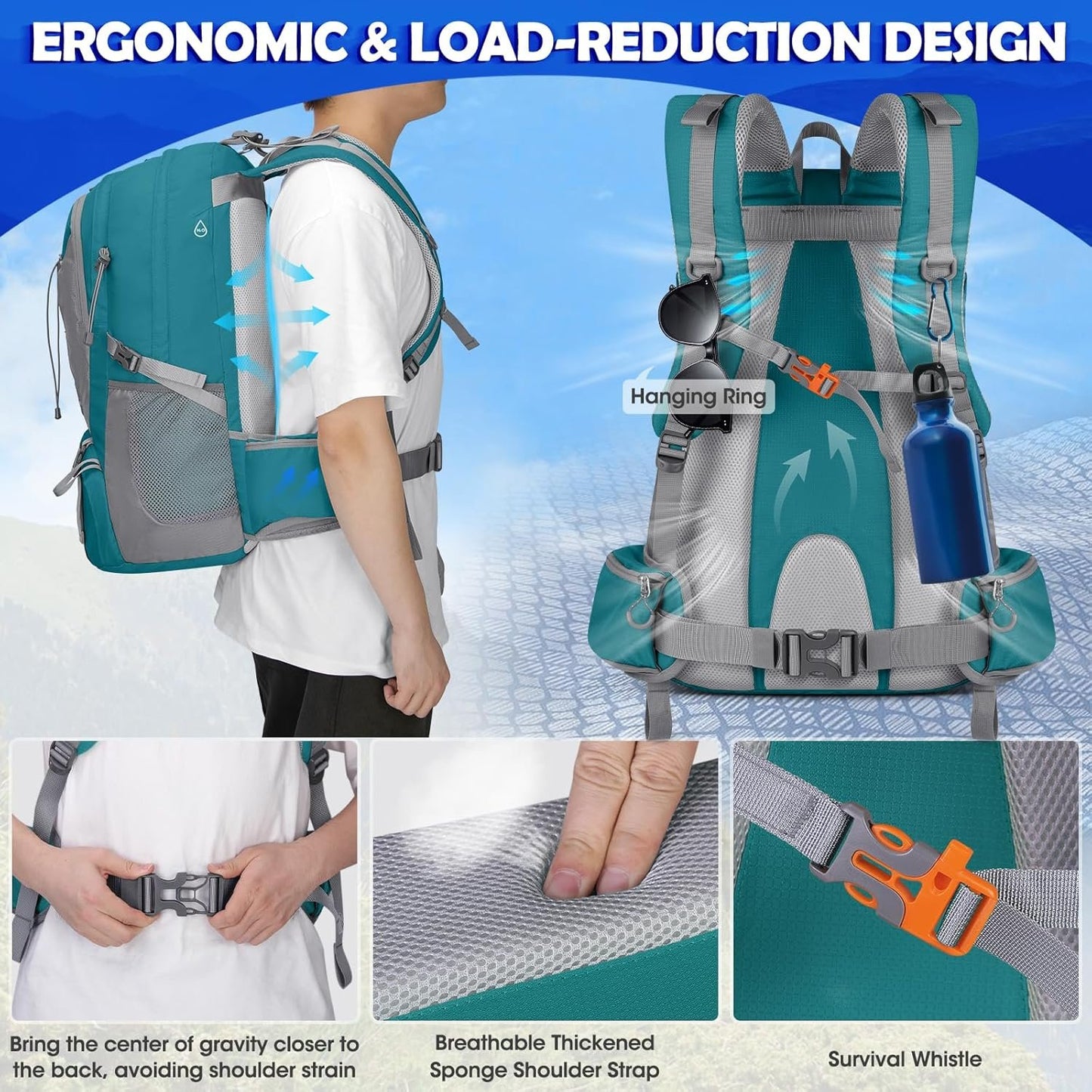 Hiking Backpack for Men 50L Waterproof Camping Backpack with Rain Cover Large Outdoor Sport Travel Backpack for Climbing