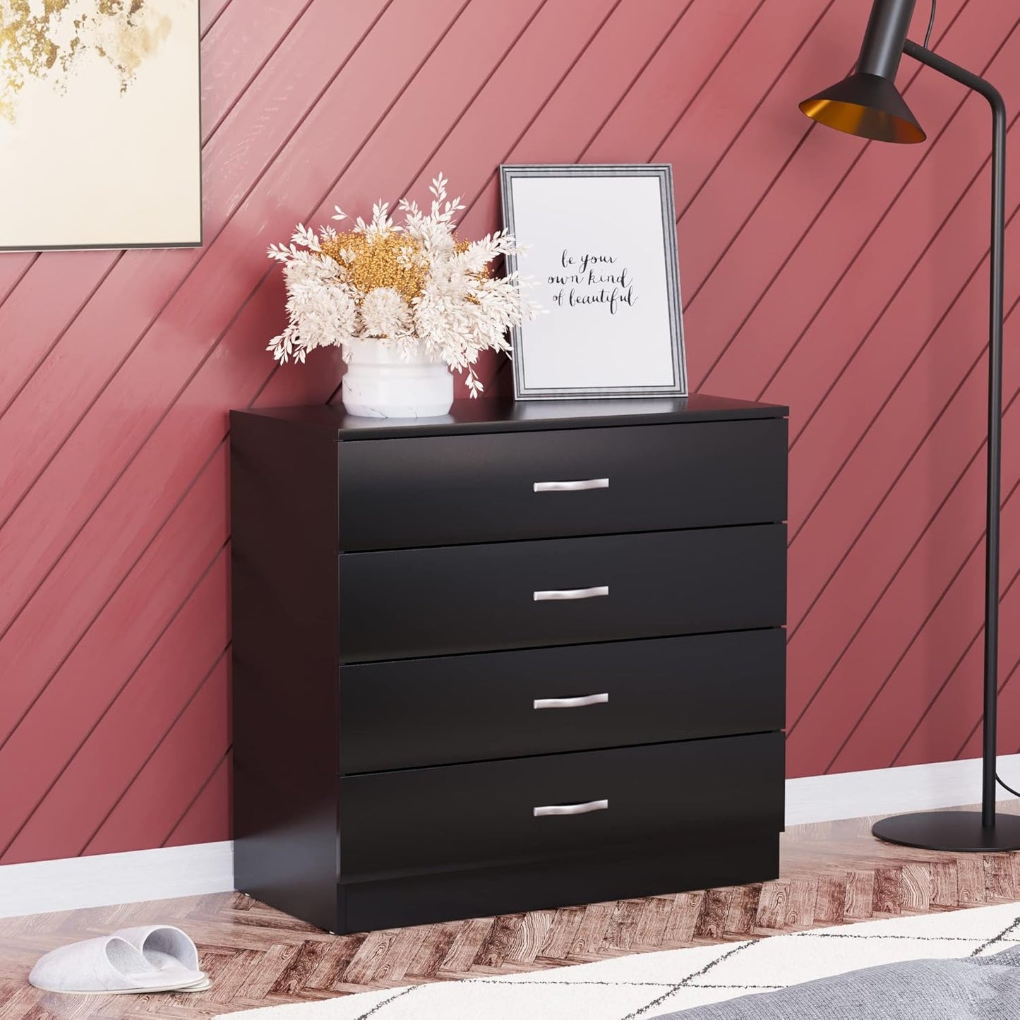Home Discount Black Chest of Drawers, 4 Drawers with Metal Handles and Runners, Unique System with Guides, Riano Bedroom Furniture