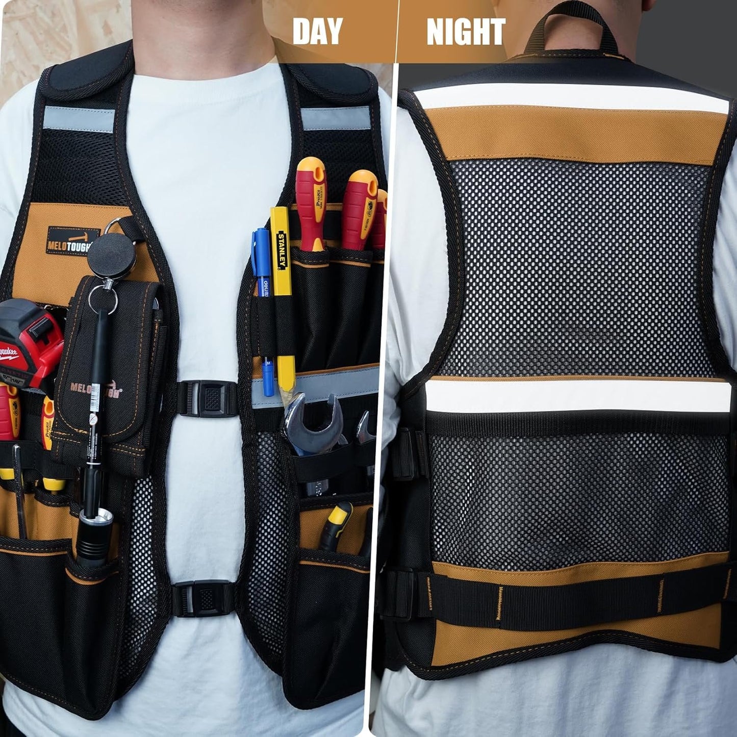 MELOTOUGH Tool Vest Reflective Safety Tool Vest with Removable Phone Holder for Electrician,Carpenter,Construction