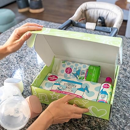 Dapple Breast Pump Cleaning Essentials Gift Set, Hypoallergenic & Powered by Plants, Removes Milk Residue, Leaves No Taste, 25ct Wipes, 8oz Soap 8ct Sterilizer Bags