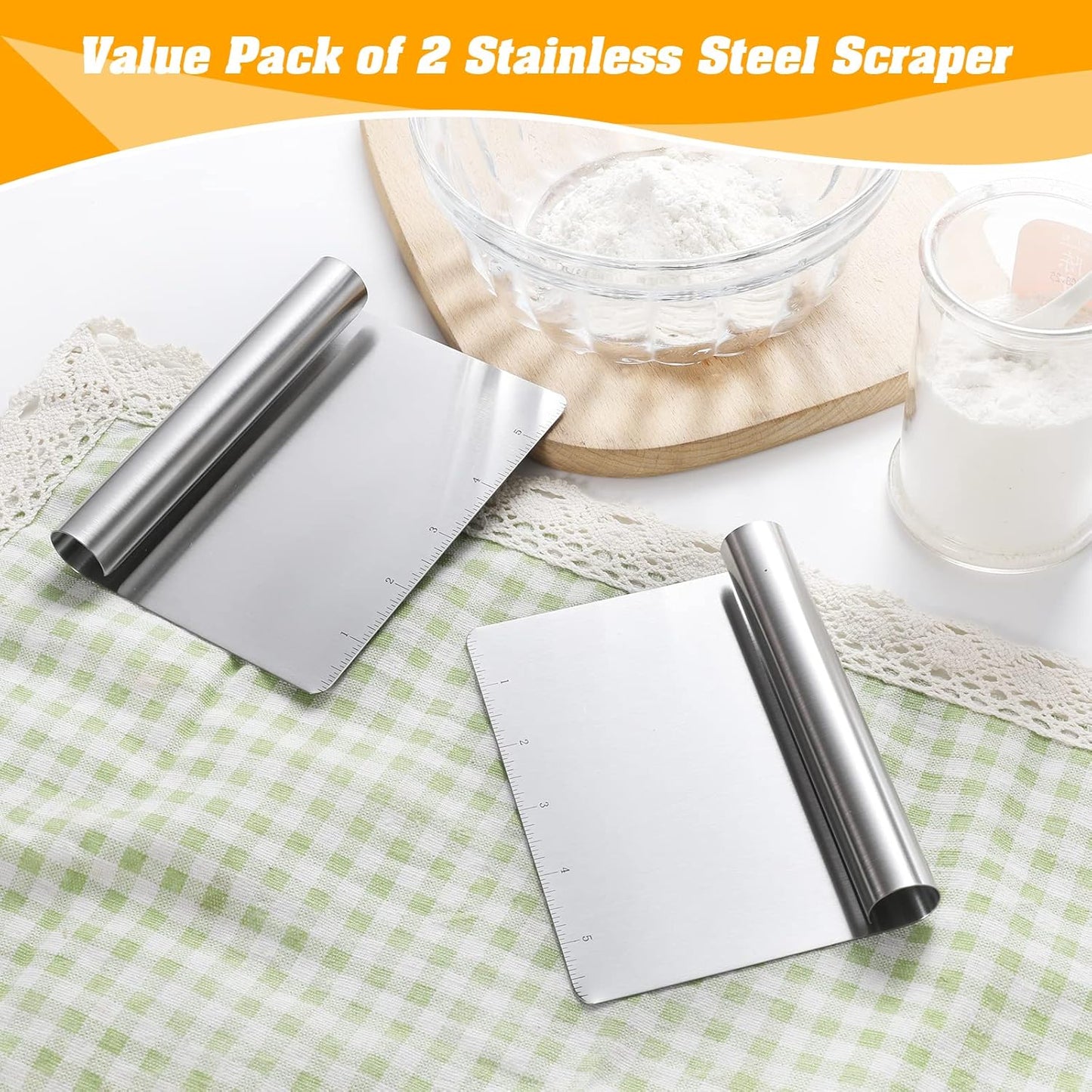 Wandeful 2 Pack Stainless Steel Food Scraper and Chopper Large Griddle Spatula Kitchen Tool Gadget, Multi-Purpose Kitchen Utensil for Dough, Cake, Pizza