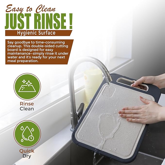 Double-Sided Cutting Board - Stainless Steel Cutting Board - Wheat Straw for Kitchen, for Meat, Veggies & Fruits – Metal Chopping Board with Easy Grip Handle, Dishwasher Safe (1, Large)