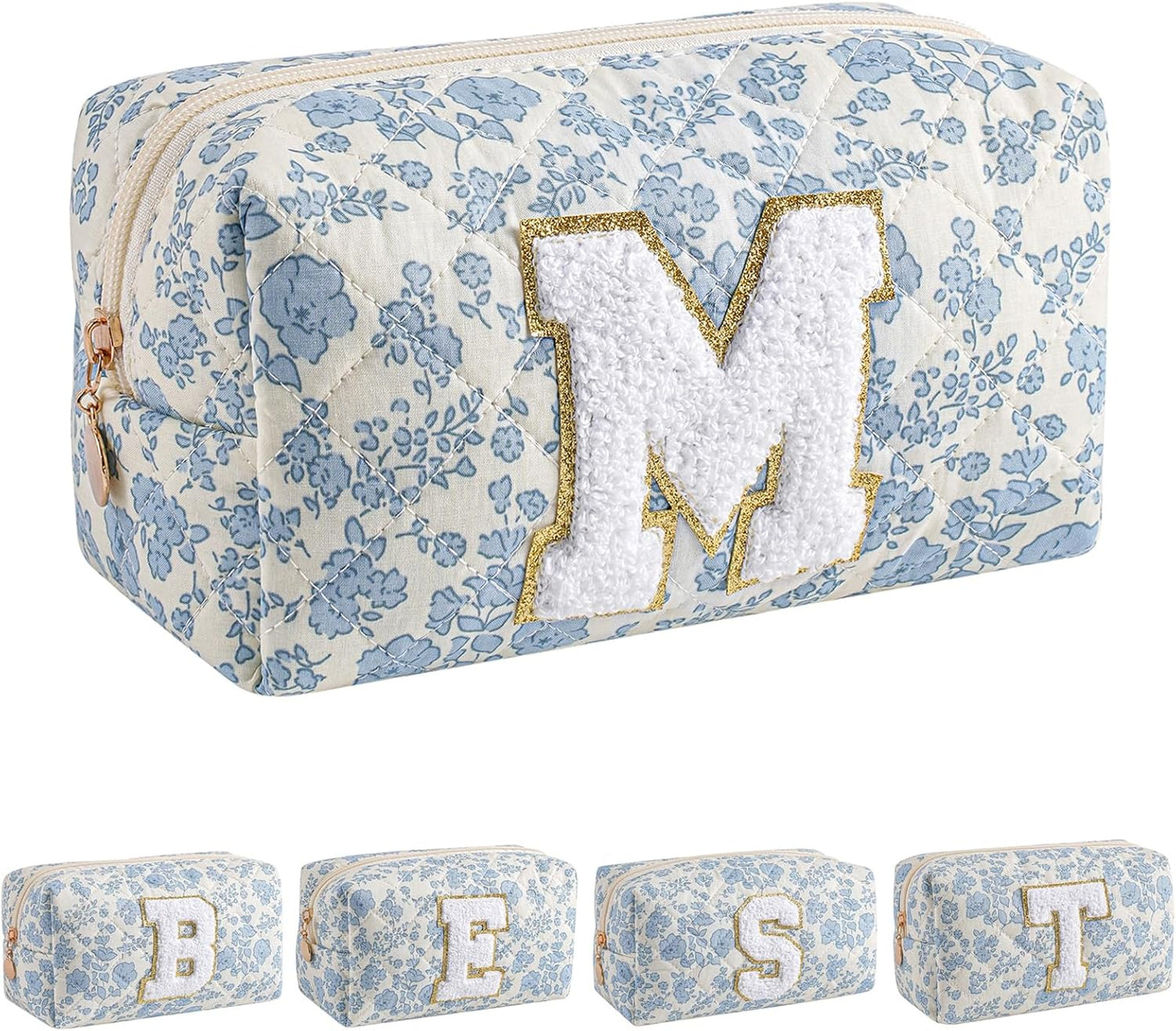 JOVAKIT Alphabet Makeup Bag Cosmetic Bag for Women, Christmas Gifts for Girls Age 6-18, Floral Flowers Coquette Travel Toiletry Zipper Make Up Pouch Organizer Trendy Stuff (Blue Floral M)