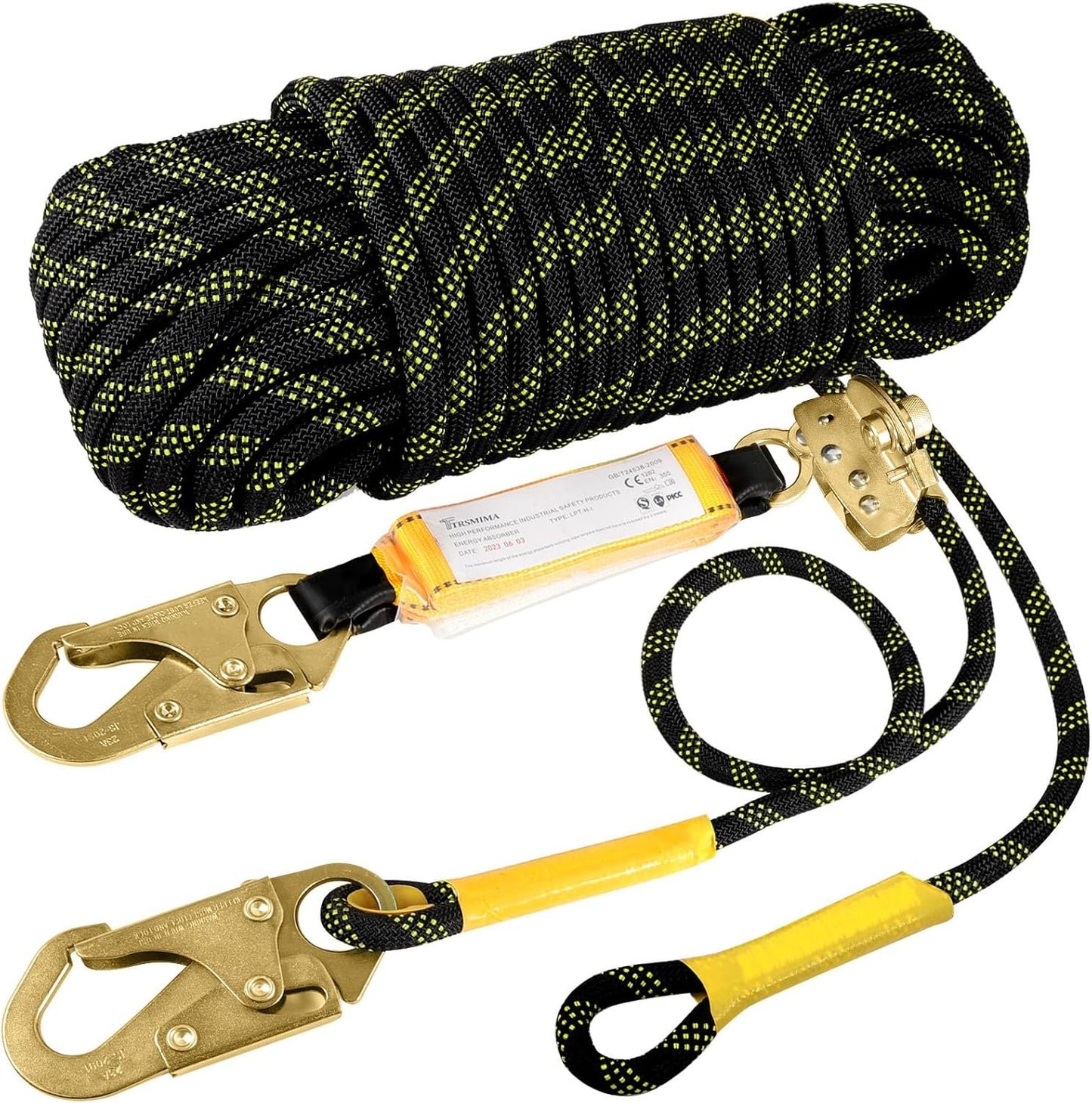 TRSMIMA Rope Harness Safety Lanyard:50ft Vertical Roofing Rope With Grab Snap Hooks Shock Absorber - Fall Protection Tree Climbing Line Kit Heavy Duty Roof Safety Equipment ANSI CE