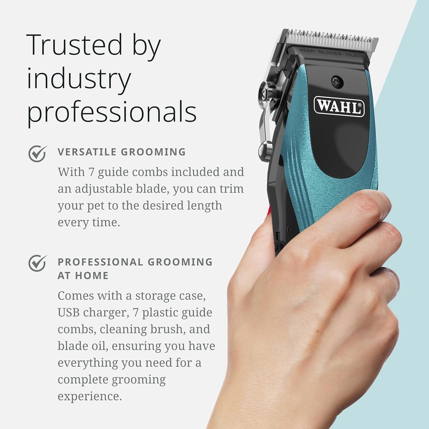 Wahl Pro Animal Groom Lite Pet Clipper - Cordless & USB Charging - Adjustable Blades - Professional Grooming Kit for Dogs, Cats & Small Pets - Black/Metallic Blue