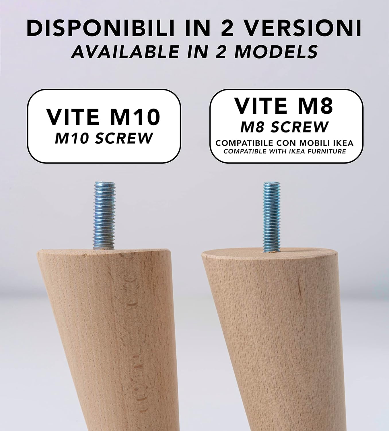 IPEA Furniture and Sofa Feet Height 12 cm Made in Italy - Slanted with Cone Shape - Screw M10 - Set of 4 Legs for Wardrobes, Armchairs, Beds - Beech Wood Feet - Light Colour