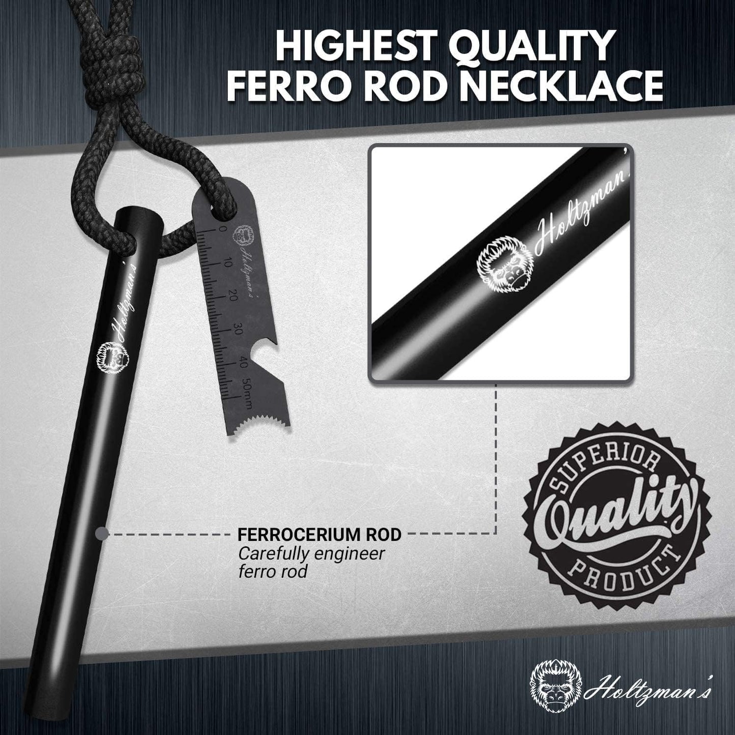 Holtzman's Gorilla Survival Holtzman's Ferro Rod | Fire Starter Heavy Duty 6-Inch x 1/2" Ferrocerium Rod Fire Starter Kit - Survival Magnesium Flint and Steel Set with Paracord & Scraper - Lightweight Emergency Camping Tool