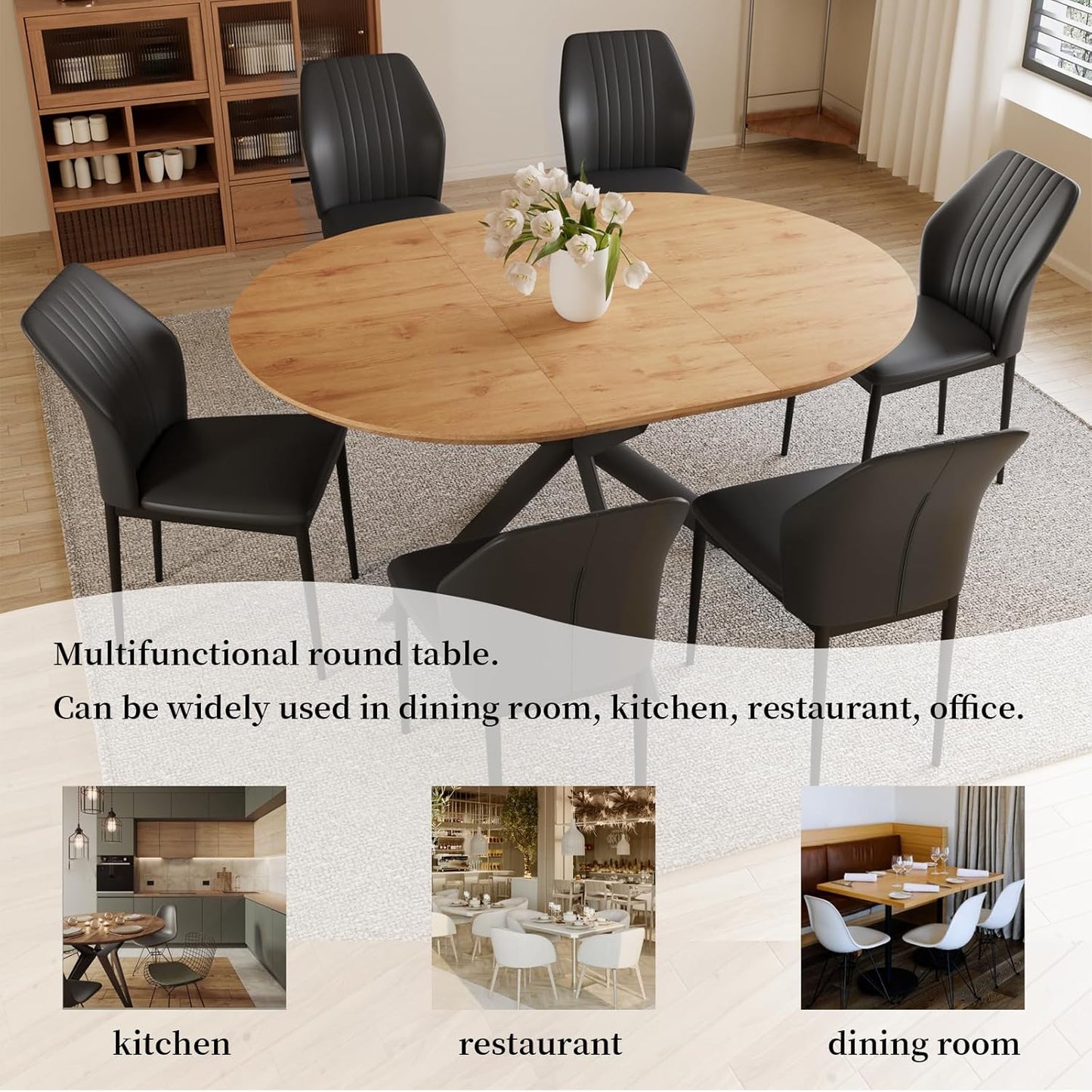43.2"-59.1" Extendable Dining Table Set with Metal Legs, Wooden Round Kitchen Table for 4-6 Person, Oak Coffee Table w/Easy-Clean Tabletop