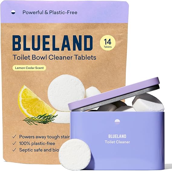 BLUELAND Toilet Bowl Cleaner Tablets, Starter Set, 14 Count with Tin, Lemon Cedar, Plastic-Free, No Harsh Chemicals, Plant-Based