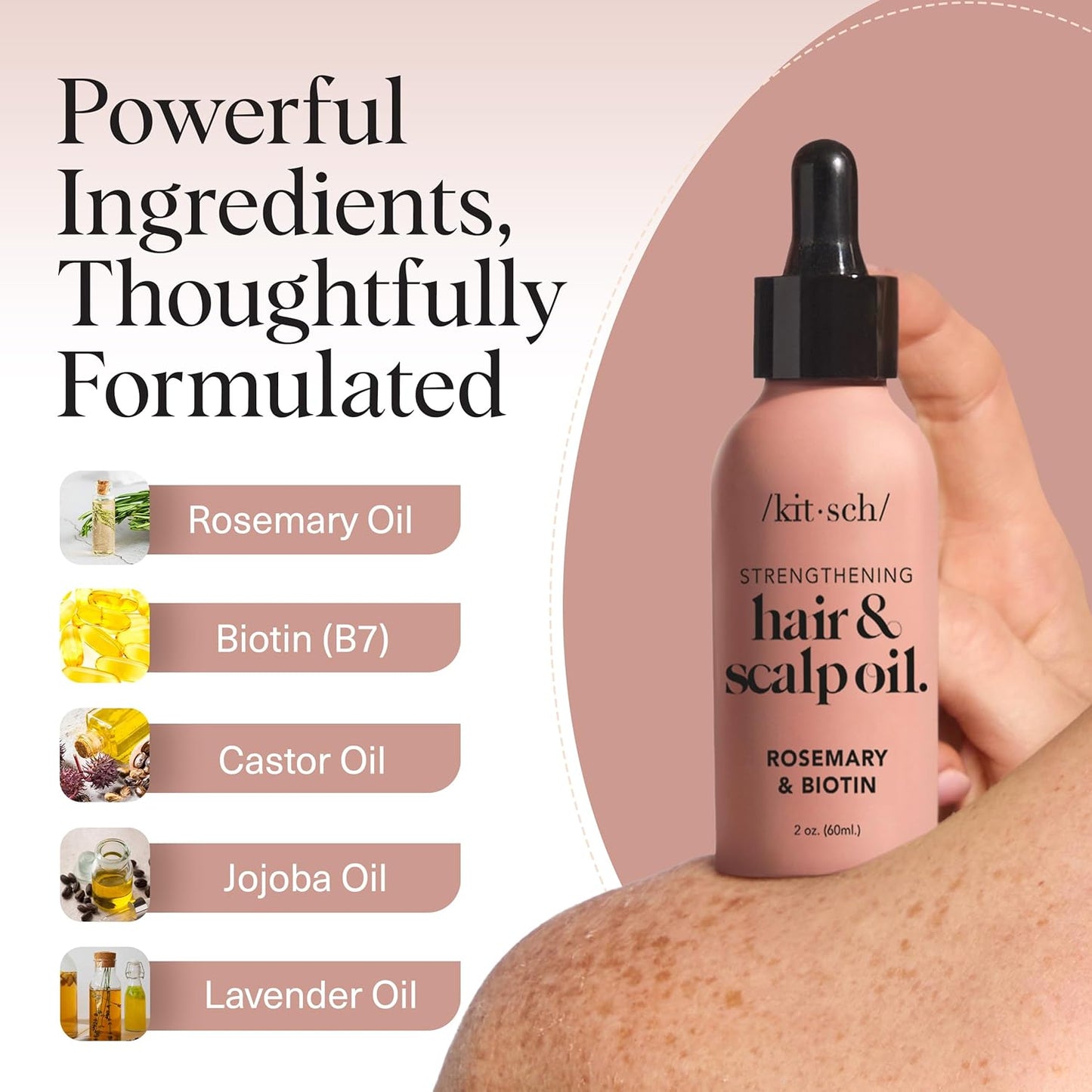 Kitsch Rosemary Oil for Hair Growth – Pre-Wash Hair Oil with Castor, Biotin, Jojoba – Hair Care, Adds Shine, Strengthens Roots, Scalp Treatment – Recyclable Bottle – USA Made, Lavender Scent, 60mL