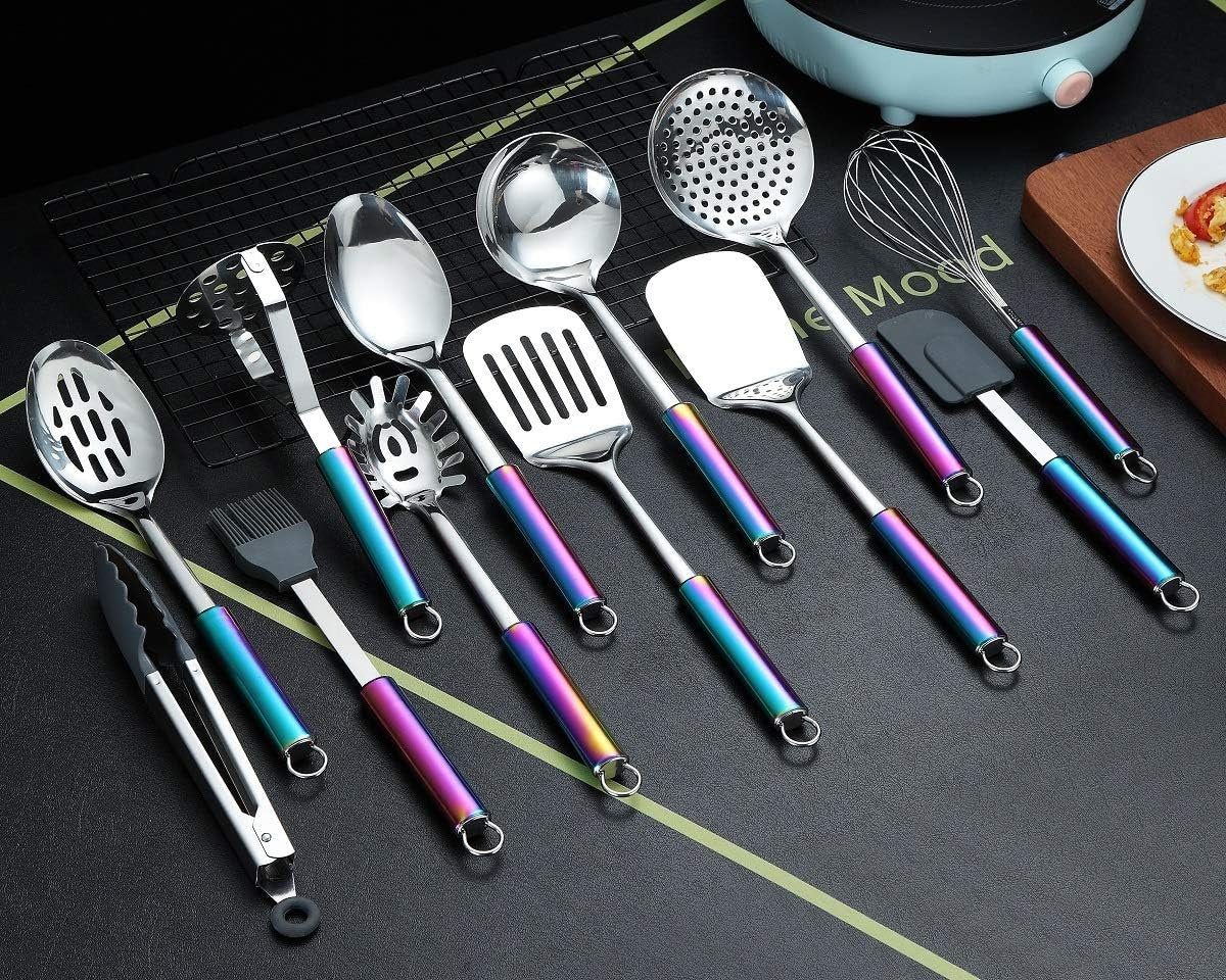 HOMQUEN Stainless Steel Kitchen Utensils Set, 12-Piece Kitchen Utensils, Kitchen Gadgets Set of Cookware, Best Gift Set of Kitchen Utensils (Coloured Handle)