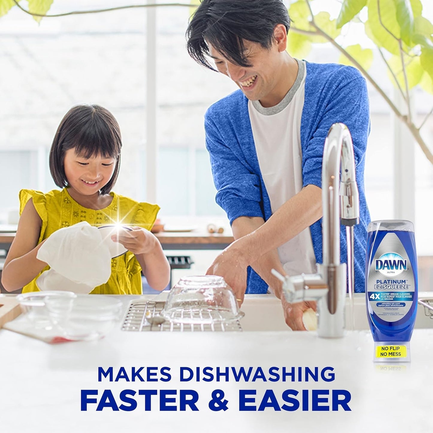 Dawn EZ-Squeeze Platinum Dishwashing Liquid Dish Soap, Refreshing Rain Scent 535 ml (Pack of 3) + Dawn Non-Scratch Kitchen DIsh Sponges (Pack of 2)