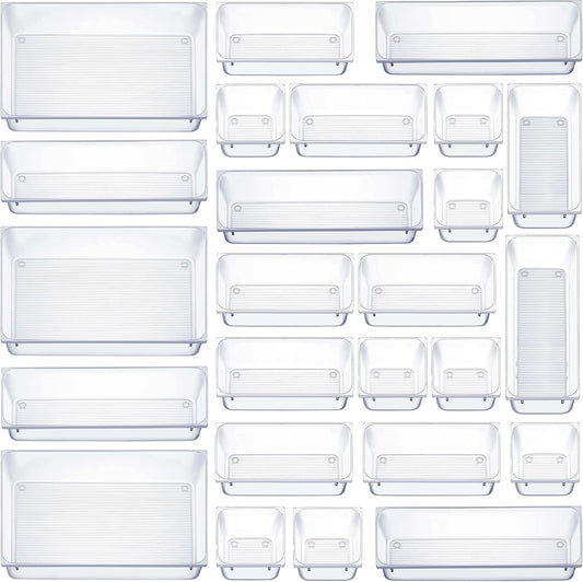 25 PCS Clear Plastic Drawer Organizers Set, 4-Size Versatile Bathroom and Vanity Drawer Organizer Trays, Storage Bins for Makeup, Bedroom, Kitchen Gadgets Utensils and Office Accessories