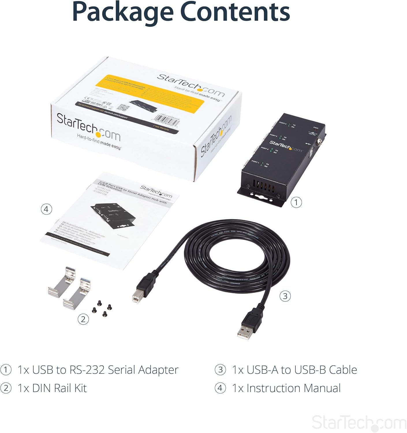 StarTech.com USB to DB9 RS232 4 Port Serial Adapter Hub - Industrial and Wall Mountable DIN Rails - COM Port Retention - USB to DB9 RS232 Hub (ICUSB2324I)