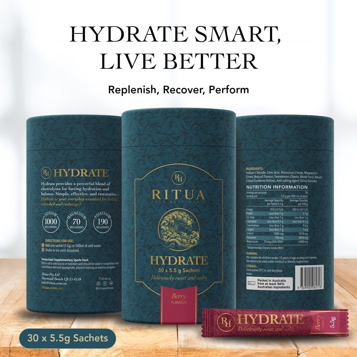 RITUA Zero Sugar HYDRATE Electrolyte Powder, Ideal Pre-workout and Post-workout Powder, Zero Carbs Energy Drink, 1000mg Sodium Per Serve, Natural Flavours and Sweeteners, 30 Sachets (30 Sachets, Berry)