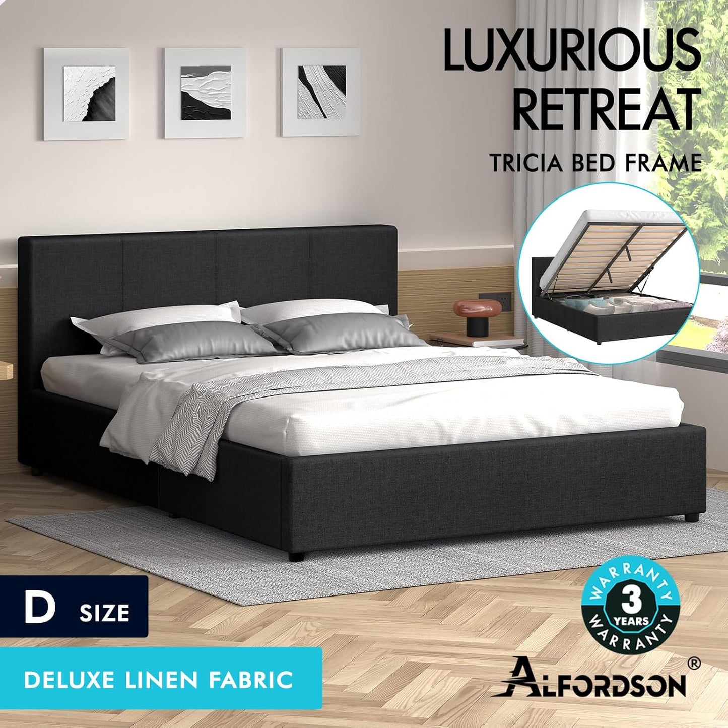 ALFORDSON Bed Frame with Gas Lift Storage Base Double Size, Bed Platform Foundation with Linen Fabric Upholstered Tufted Headboard for Mattress Topper, Tricia Fabric Charcoal