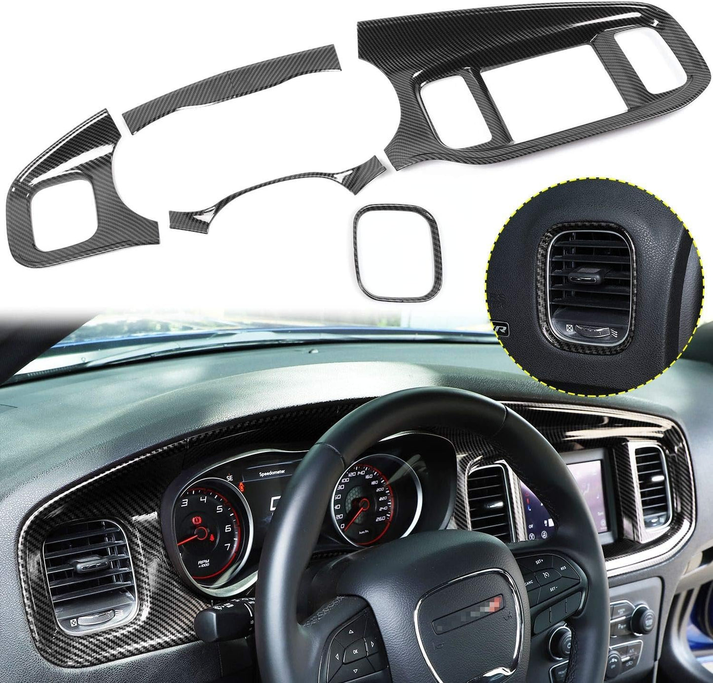 JWWY for Charger Center Consoles Dash Board Dashboard Instrument Gauge Cluster Dash Fascia Trim Panel Garnish Bezel for 2015-2025+ Dodge Charger Interior Accessories, ABS Carbon Fiber 5pcs