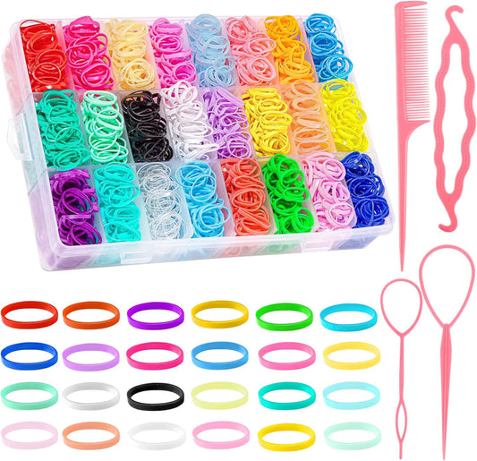2000 Small Hair Elastics, Mini Elastic Hair Elastics Small Elastic Hair Bands for Colorful Braids with Storage Box and 4 Hair Accessories for Kids Girls Women (24 Colors)