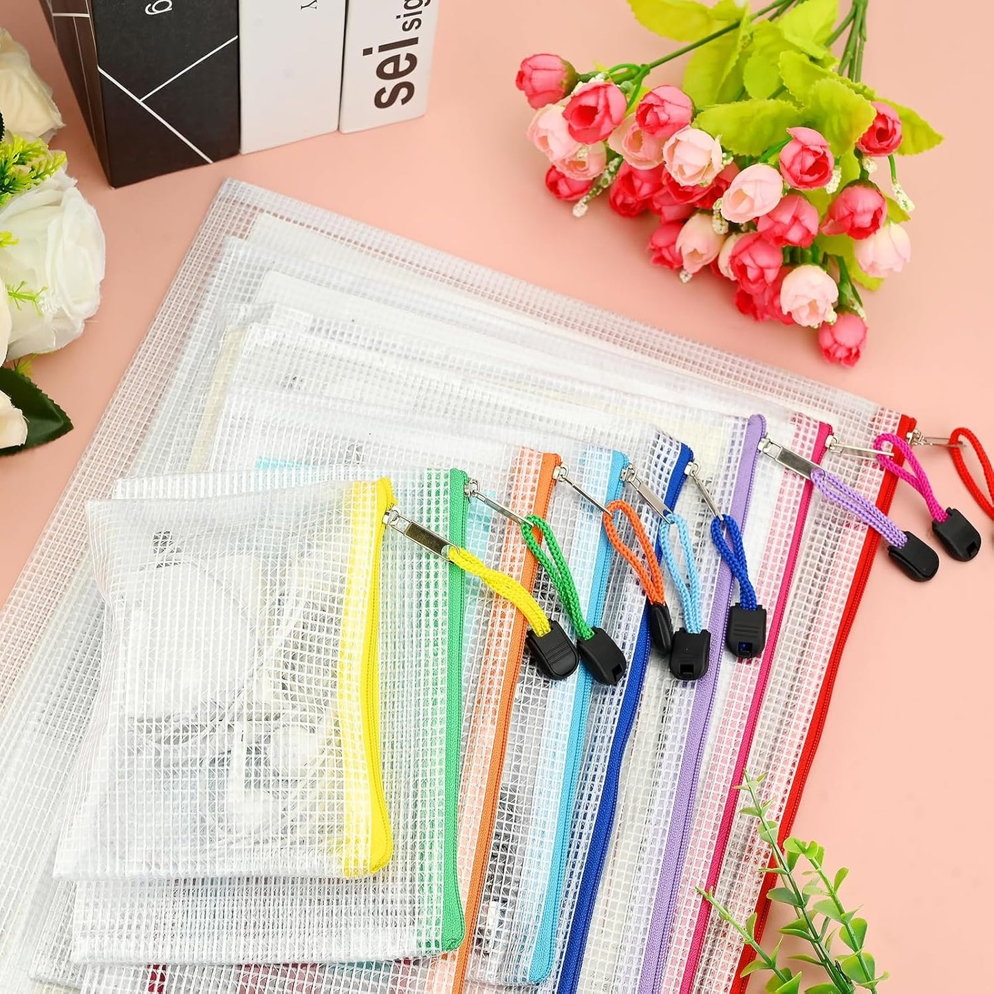 YSHIGUING 24pcs Mesh Zipper Pouch Bags Multipurpose Waterproof Zipper Bags Document Bag with 8 Different Sizes,Plastic Zipper Bags for Organizing,Office, Travel, Home Board Game Storage