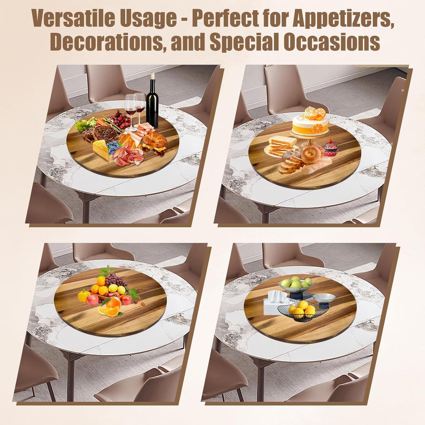 26'' Acacia Wooden Lazy Susan with 360 Rotation for Dining Table Top,Extra Large Wooden Serving Tray with Heavy Duty Rotating Wheel for Kitchen,Dining Table