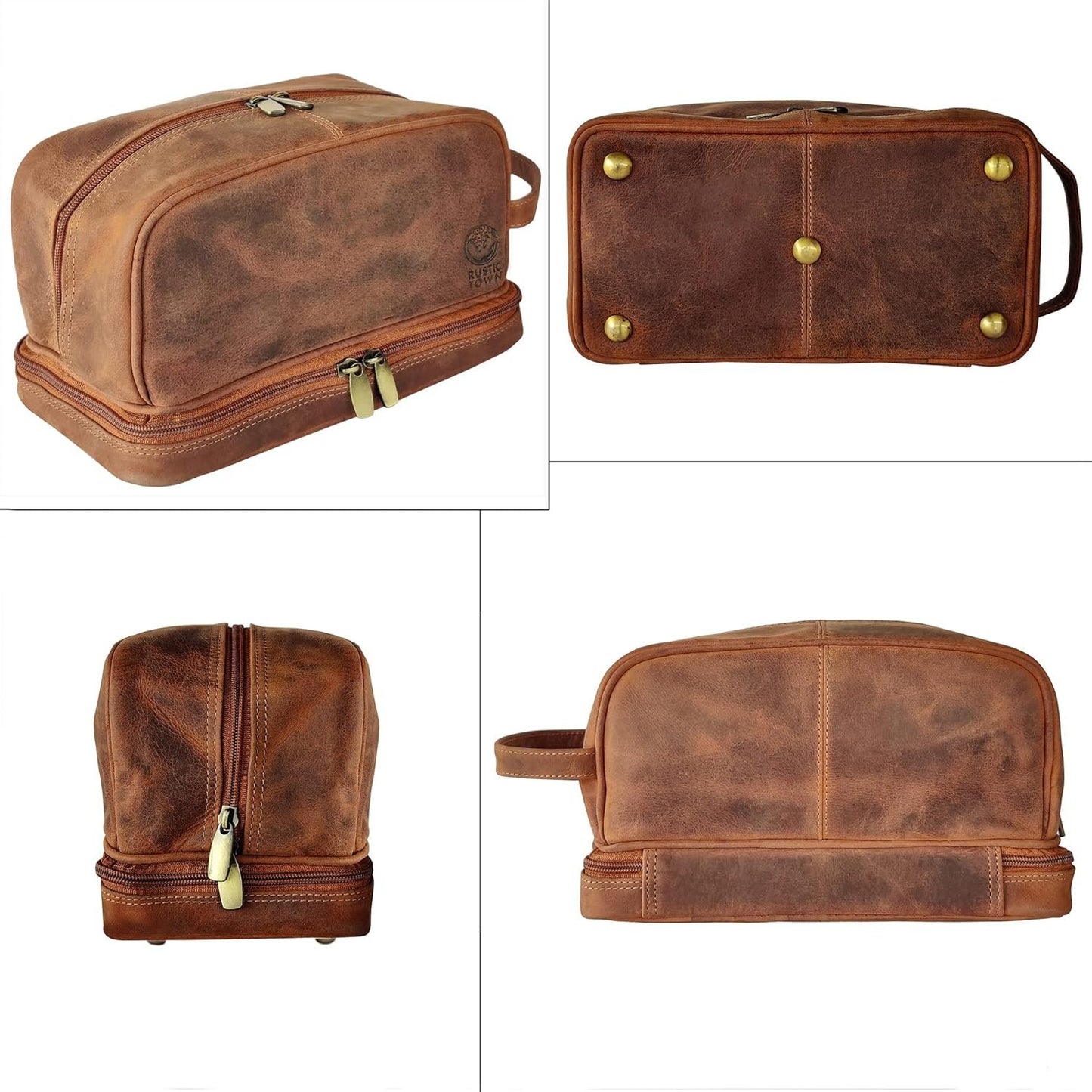 Genuine Leather Travel Cosmetic Bag - Hygiene Organizer Dopp Kit by Rustic Town, Brown, Medium, Rt6318flr