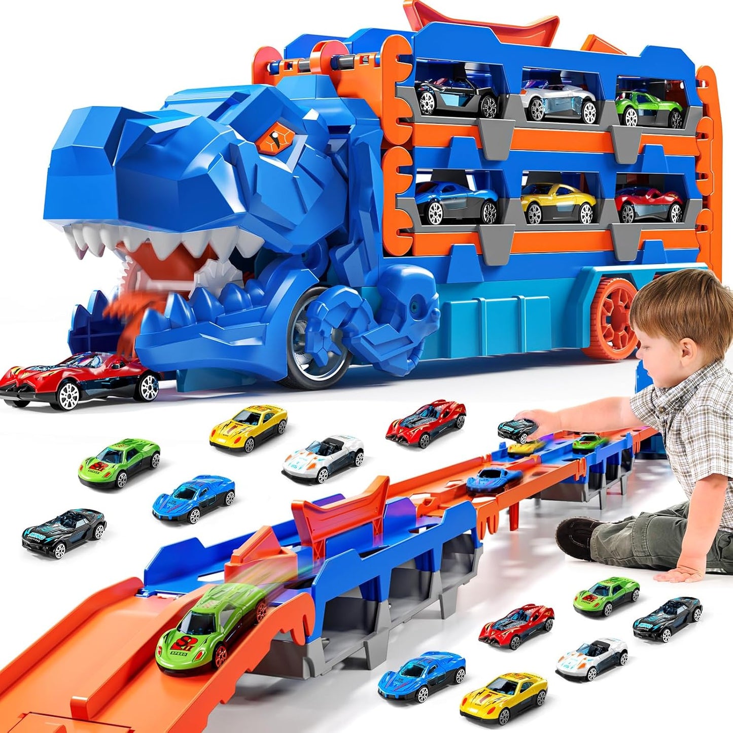 MSKOLER Dinosuar Truck Toy for Kids 3 4 5 6 Years Old - Dinosaur Cars Set, Toy Vehicle, Carrier Truck for Toddlers 3-4 Years, Race Track Set, Birthday Gifts Toys for Boys 3 4 5 6 7 8 Years Old