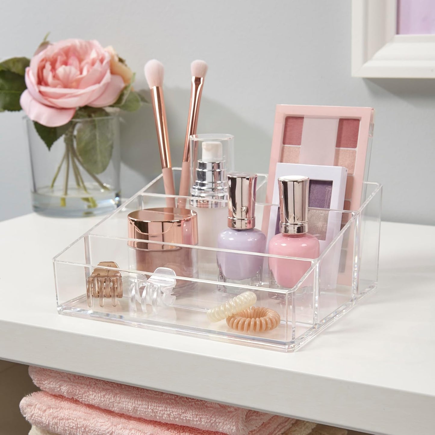 STORi Clear Plastic Vanity Makeup Organizer | Compact Rectangular 4-Compartment Holder for Brushes, Eyeshadow Palettes, & Beauty Supplies | Made in USA