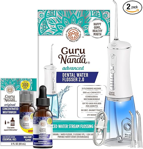 GuruNanda Advanced Water Flosser 2.0 with UV Mode & Concentrated Mouthwash Duo - Fresh Breath & Thorough Plaque Removal for a Brighter Smile