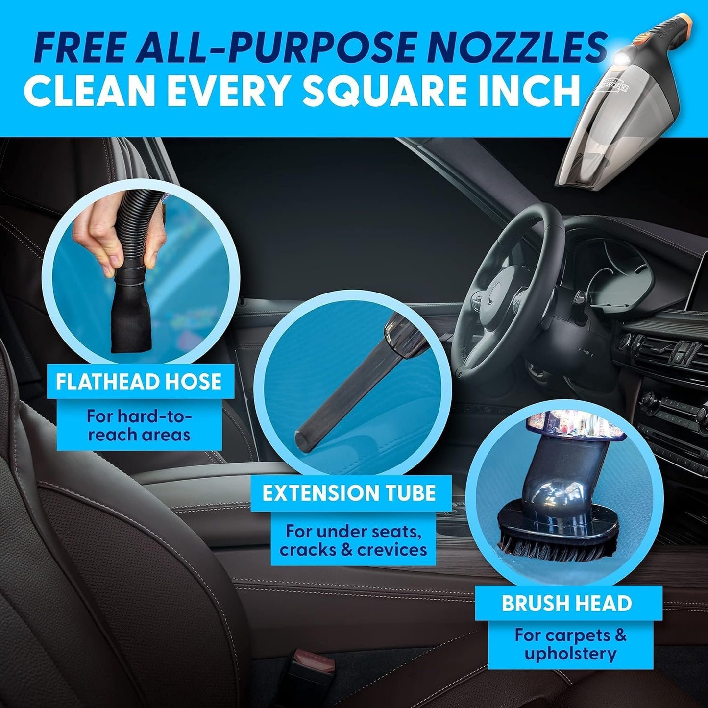 ThisWorx Car Vacuum Cleaner - LED Light, Portable, High Power Handheld Vacuums w/ 3 Attachments, 16 Ft Cord & Bag - 12v, Auto Accessories Kit for Interior Detailing - Black