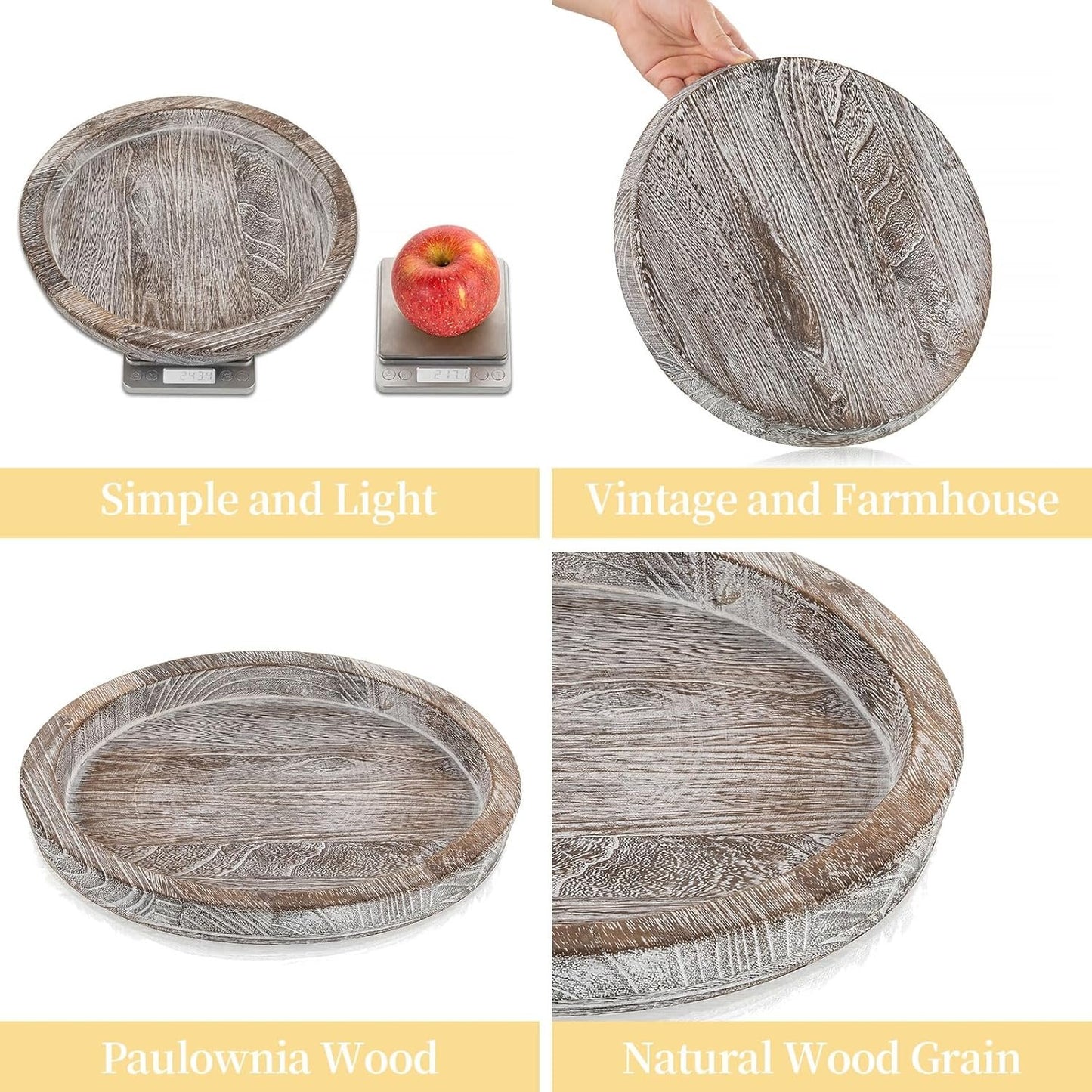 Romadedi Rustic Wooden Tray Candle Holder - Small Decorative Plate Pillar Candle Tray Wood for Farmhouse Dinning Table Kitchen Countertop Coffee Table Organizer Home Decor, Washedwhite,11inch
