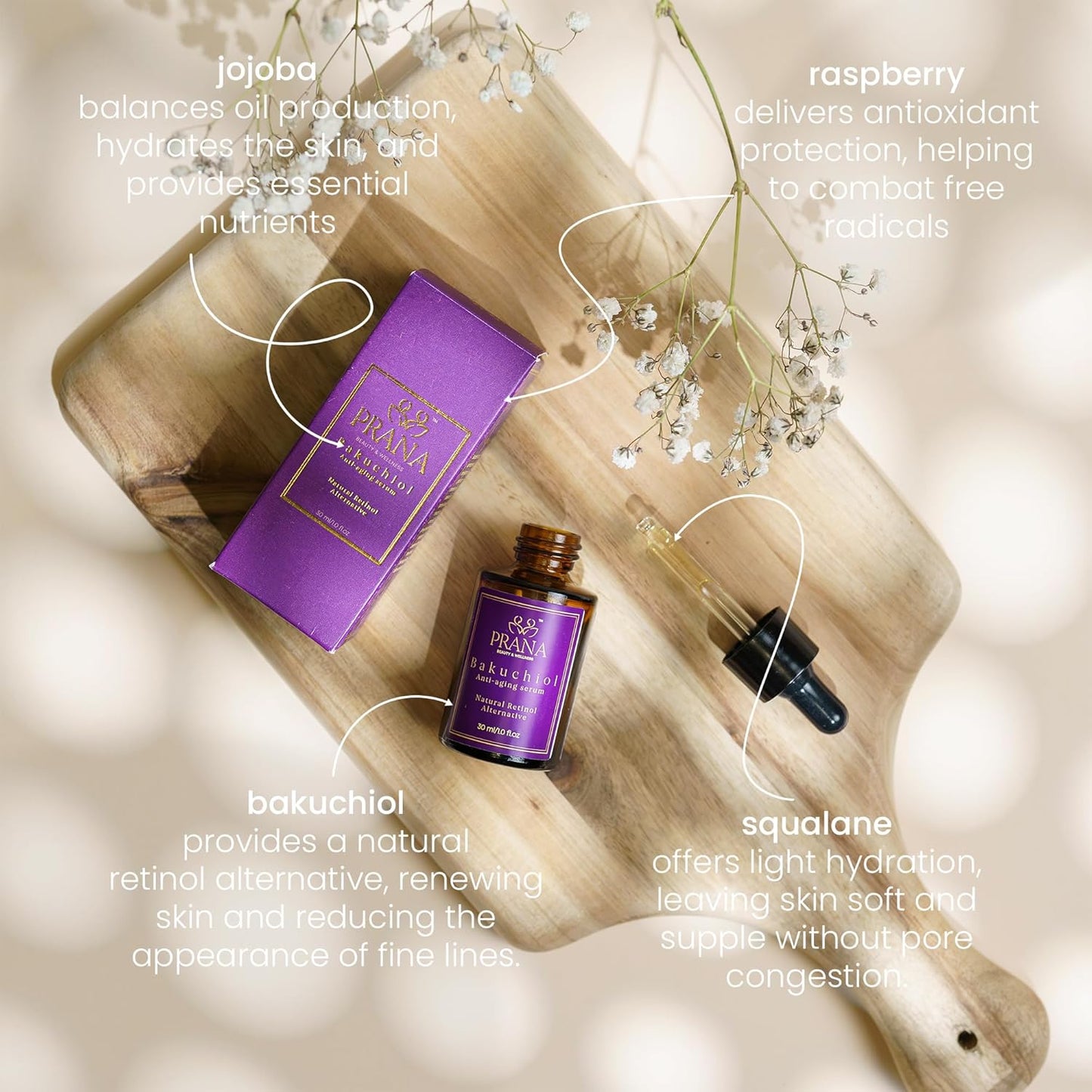 Prana Bakuchiol Anti-Aging Serum- Facial Serum with Squalane & Jojoba for Hydration- Anti-Wrinkle Serum for Radiant Skin- Face Serums for Wrinkles & Fine Lines- Fragrance-Free Serums- 100% Vegan- 30ml