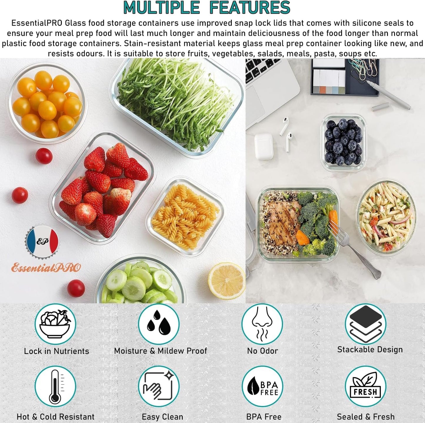 24 Pcs 12 Pack Glass Food Storage Lunch Containers Airtight Lids With Steam Vents. BPA Free Meal Prep Containers. Safe For Microwave, Dishwasher, Oven & Freezer Pantry Kitchen Storage & Organisation