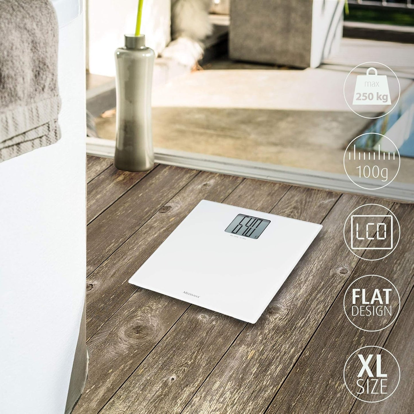 medisana PS 470 Digital XL Personal Scale up to 250 kg / 551 lbs Bathroom Scales Made of Tempered Safety Glass and Automatic Switch-Off